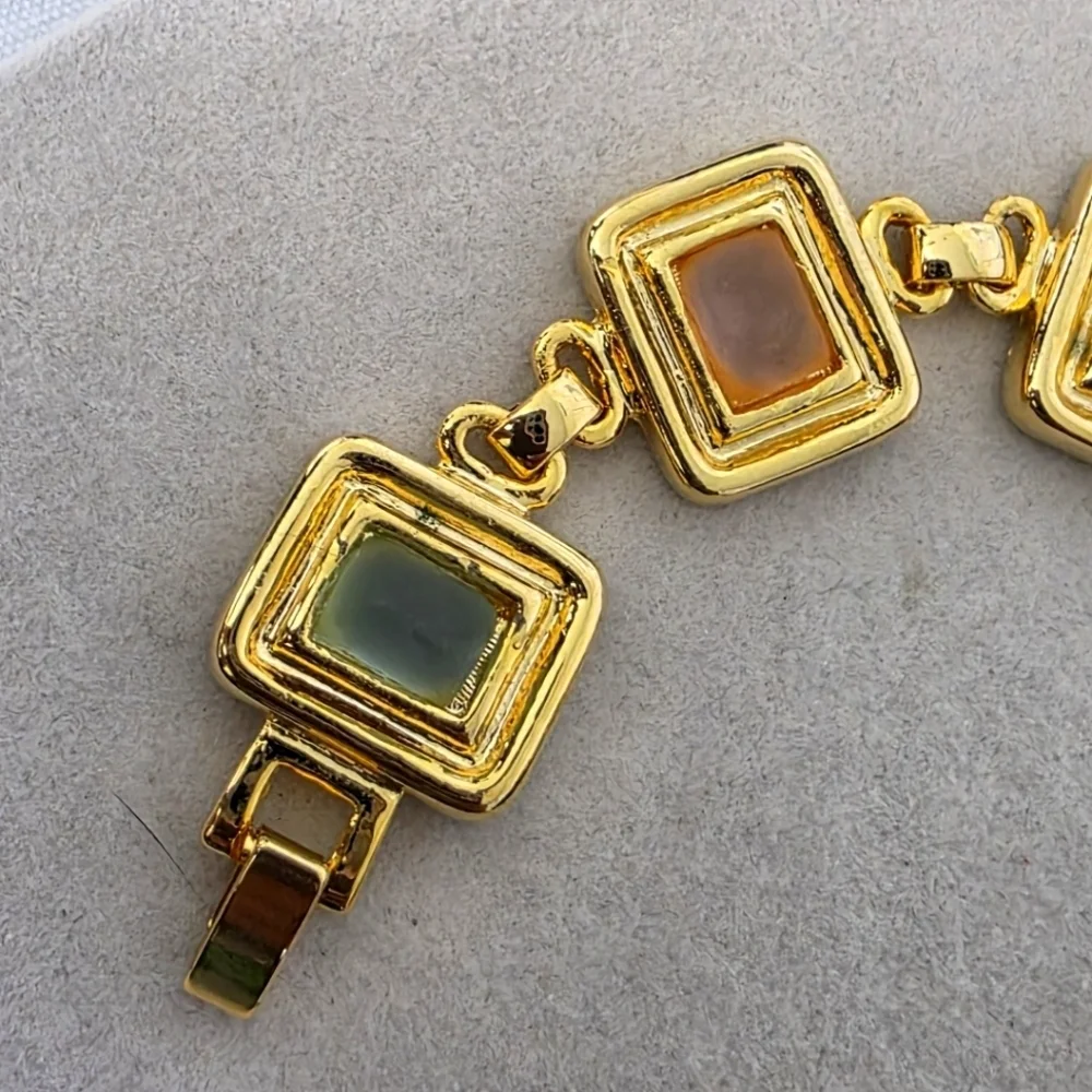 Gold Square Link Bracelet with Frosted Acrylic Glass Stones - Picture 2 of 10